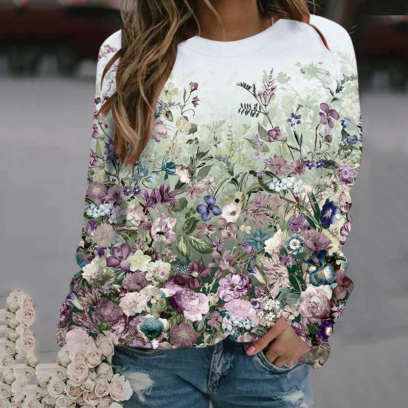 3D digital printed women's round neck hoodie with floral patterns for spring autumn clothing, long sleeved and loose_voghion.com