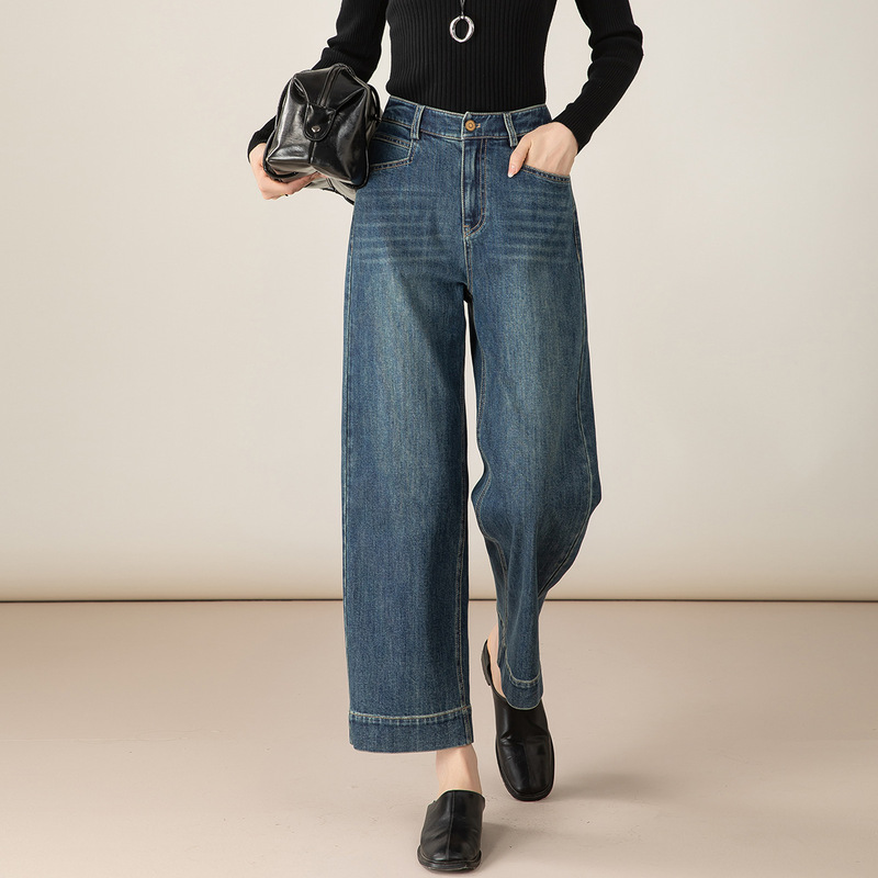 Yifei Nine-Point Wide-Leg Denim Straight Pants for Women, Autumn New Style, High-Waisted Elastic Waist, Petite, Height-Enhancing, Slimming Wide-Leg Pants