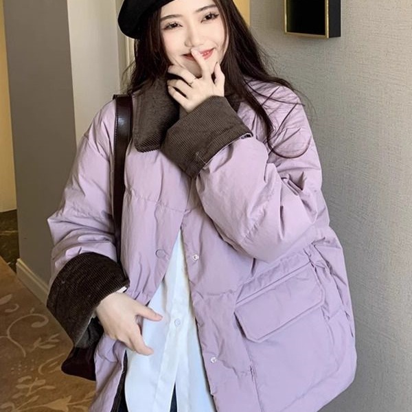 紫色翻领拼接加厚灯芯绒棉服外套女冬季感宽松小个子棉衣棉袄