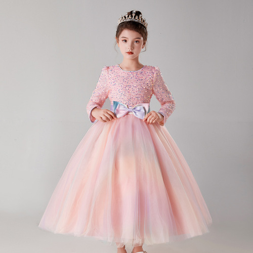 Little Girl Formal Dress with Long Sleeve and Gradient Hem, Princess Dress with Net Fabric and Full Skirt, Sweet Christmas Host Program Long Dress