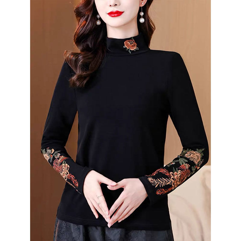 Heavy Embroidered Semi-high Collar Warm Autumn and Winter Long-sleeved Chinese T-shirt Retro Base Shirt Ethnic Style Top for Women Heavy Embroidered Semi-high Collar Warm Autumn and Winter Long-sleeved Chinese T-shirt Retro Base Shirt Ethnic Style Top for Women