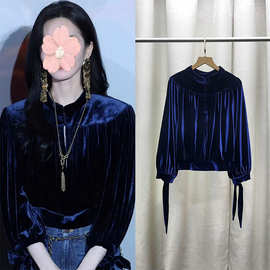 刘*诗*诗同款金丝绒长袖气质圆领灯笼袖上衣宽松打底春