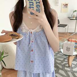 棉Korea夏季新款睡衣女套装小清新减龄蕾丝背心格子外穿家居服