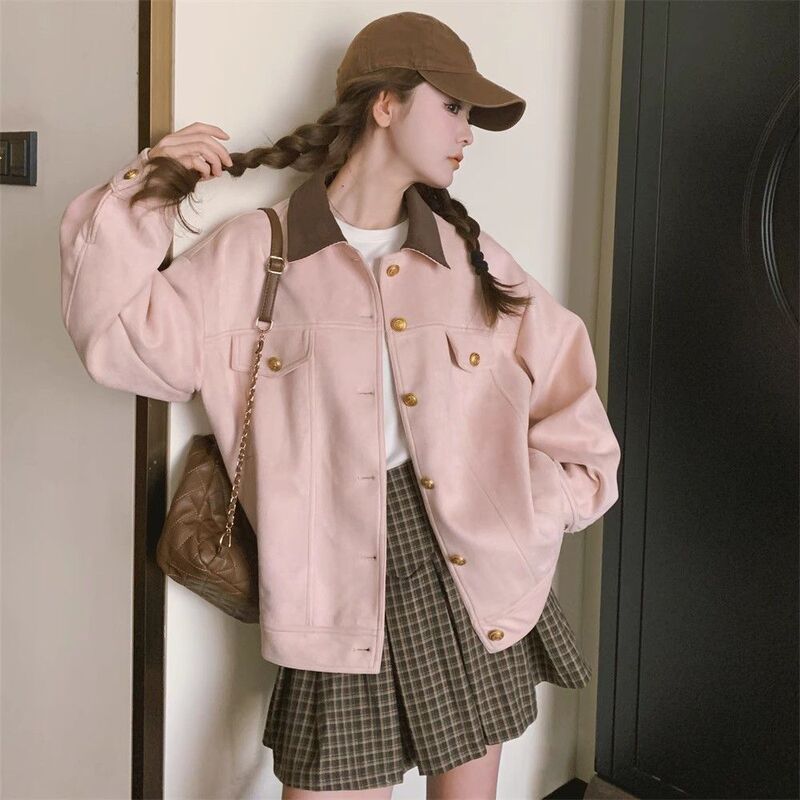 Pink Short Work Jacket New Loose Casual Jacket Retro Cardigan Top School Season Spring Jacket Pink Short Work Jacket New Loose Casual Jacket Retro Cardigan Top School Season Spring Jacket