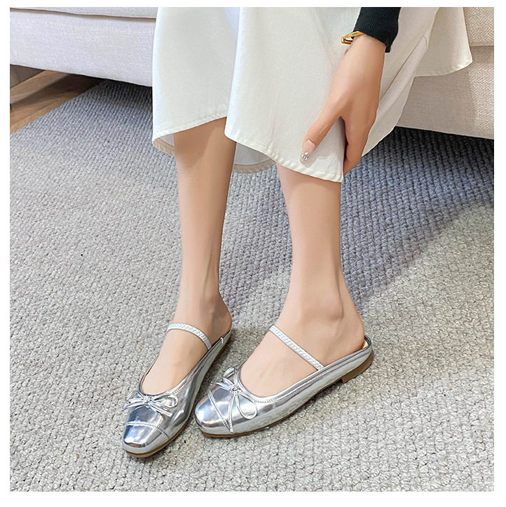 Dép bệt nữ mũi vuông bít mũi thắt nơ, đế cao 3–5 cm — Màu bạc, Màu hồng, Màu trắng, Màu đen chi tiết 24