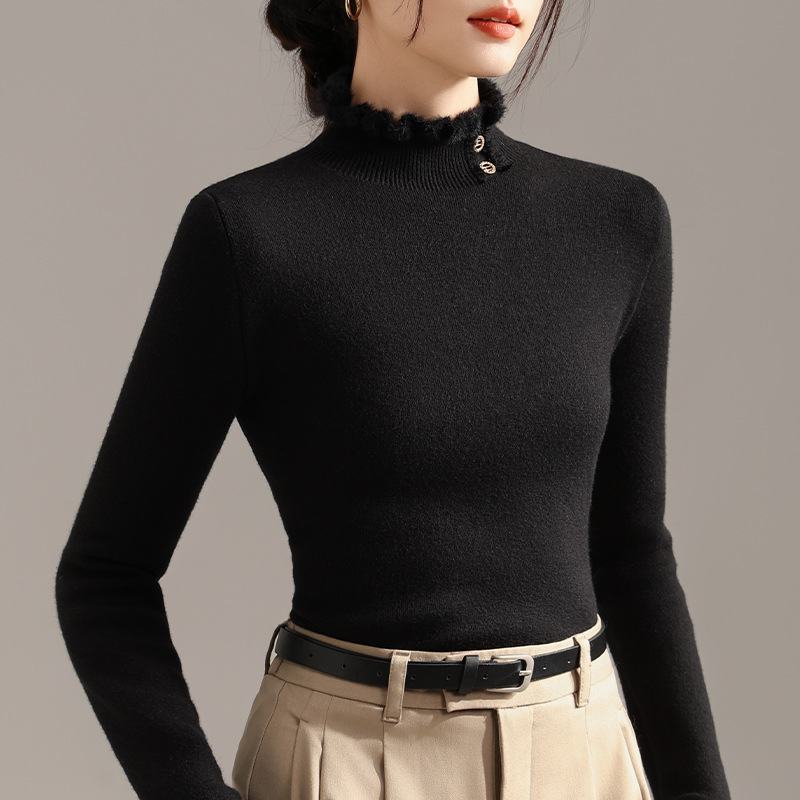 Suéter negro de otoño y invierno de mujer con camisa de fondo de cuello de media altura gruesa 2024 nuevo suéter de terciopelo suave y calentador