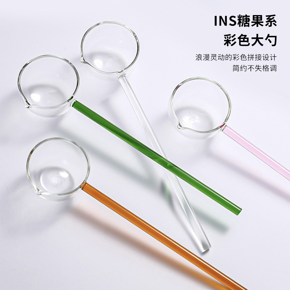 Cuchara de vidrio de mango largo transparente de color, cuchara de postre de borosilicato, cuchara doméstica resistente a altas temperaturas, cuchara de té, cuchara de condimento