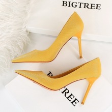 869-1 Korean fashion elegant thin thin heel high heel shallow mouth pointed Embossed Satin sexy nightclub women's single shoes