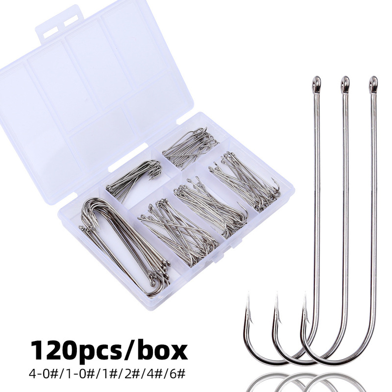 120 Boxed Aberdeen Long-Handled Sea Fishing Hook Set with Caris Long-Handled Hooks with Holes and Barbed Crooked Mouth Hooks