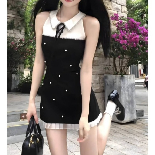 2026 New Sweet Style Short Dress for Summer, Waist-Cinching and Slimming Design, Color-Blocking Collar, Sleeveless Dress for Women