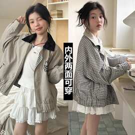 韩系女童双面穿外套2026秋季新款儿童装撞色格纹拼接棒球服夹克衫