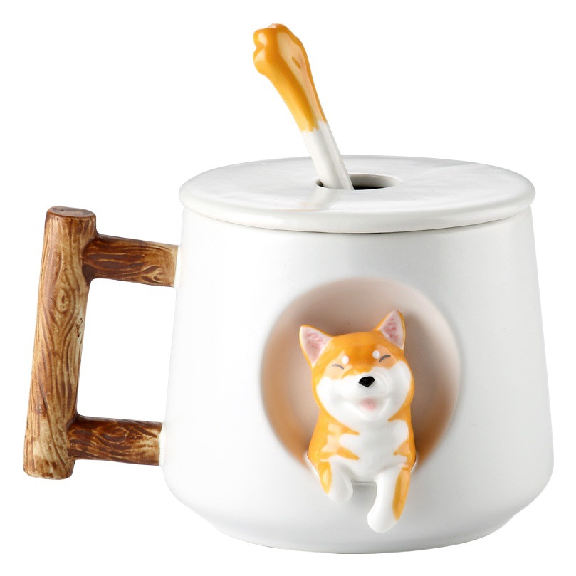 Creativo de cerámica personalizada taza linda con tapa cuchara casa pareja hombres y mujeres café taza agua Shiba Inu regalo