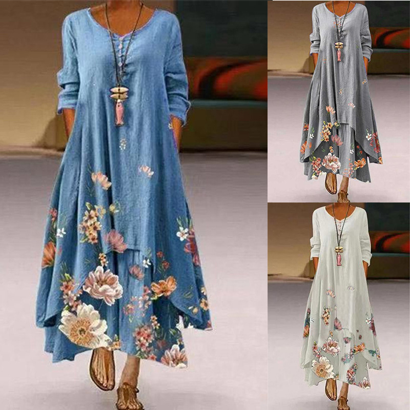2022 summer wish Amazon hot sale popular printed long sleeve dress female hem irregular dress