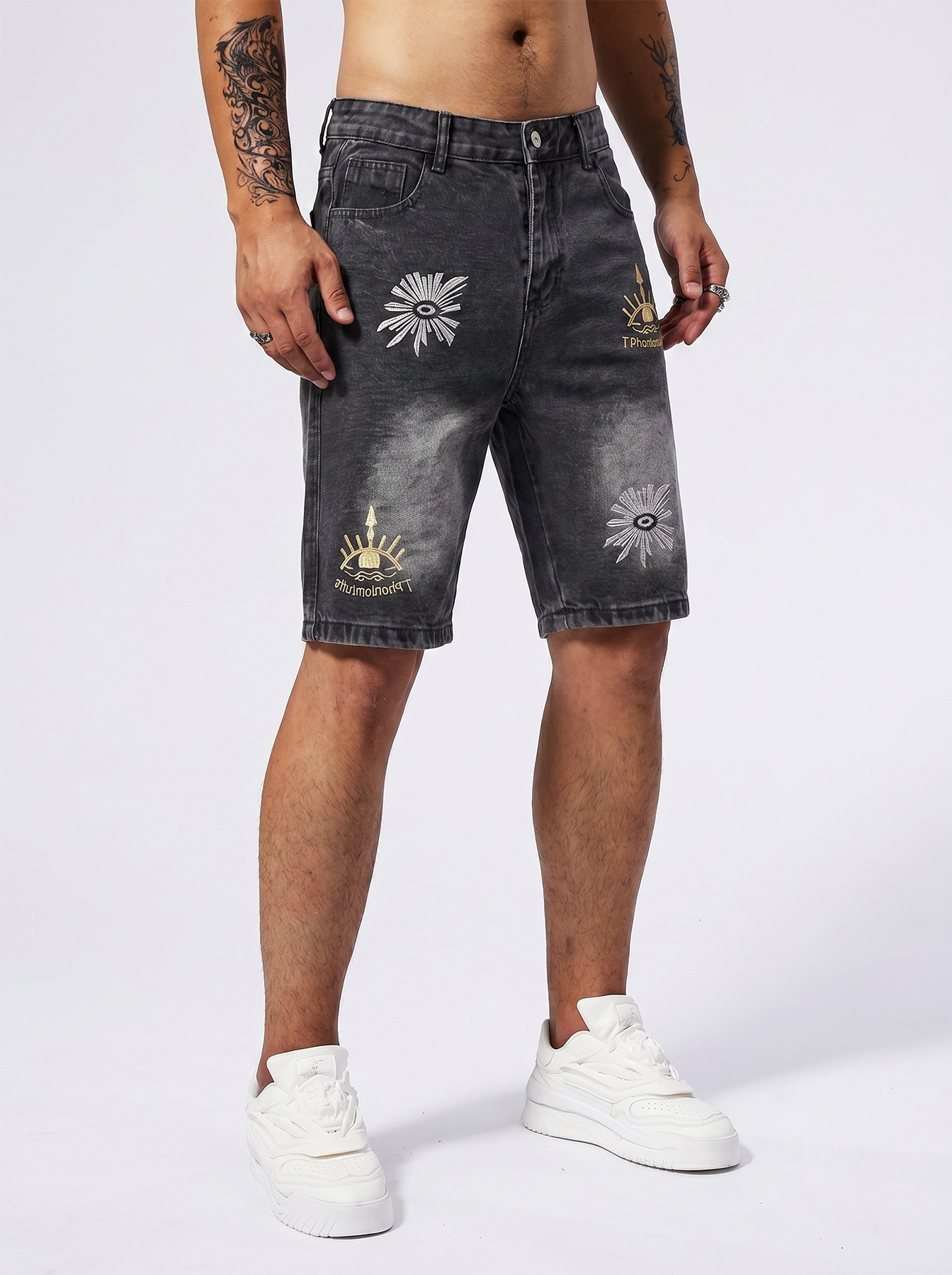 Men's Distressed Denim Shorts All-Seeing Eye Print American Streetwear Style Summer Baggy Cargo Jeans_viptrois.com