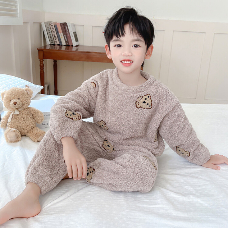 곰 어린이 가을과 겨울 기모 두꺼운 가정 옷은 따뜻한 세트 부드러운 잠옷을 입는다.