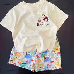 男の子と女の子向けの子供用夏用半袖Tシャツ、竹綿のかわいい漫画のラウンドネックプルオーバー、半袖トップス、トレンディな子供用