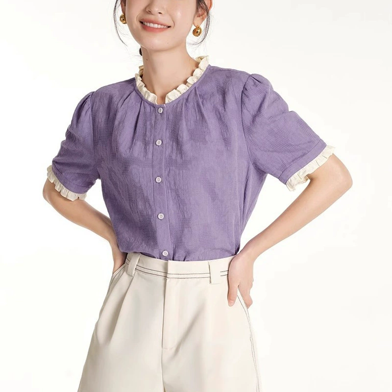 Чистая карта французская деревянная ушная рубашка женская короткая рукава 2024 новый стиль стиль стиль текстуры фиолетовый рубашка топ