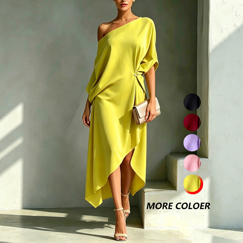 European and American Cross-Border Women's Elegant and Simple One-Shoulder Off-Shoulder Dress with Irregular Buttons, Slit, and Waist-Cinching Mid-Length Slim-Fit Dress European and American Cross-Border Women's Elegant and Simple One-Shoulder Off-Shoulder Dress with Irregular Buttons, Slit, and Waist-Cinching Mid-Length Slim-Fit Dress