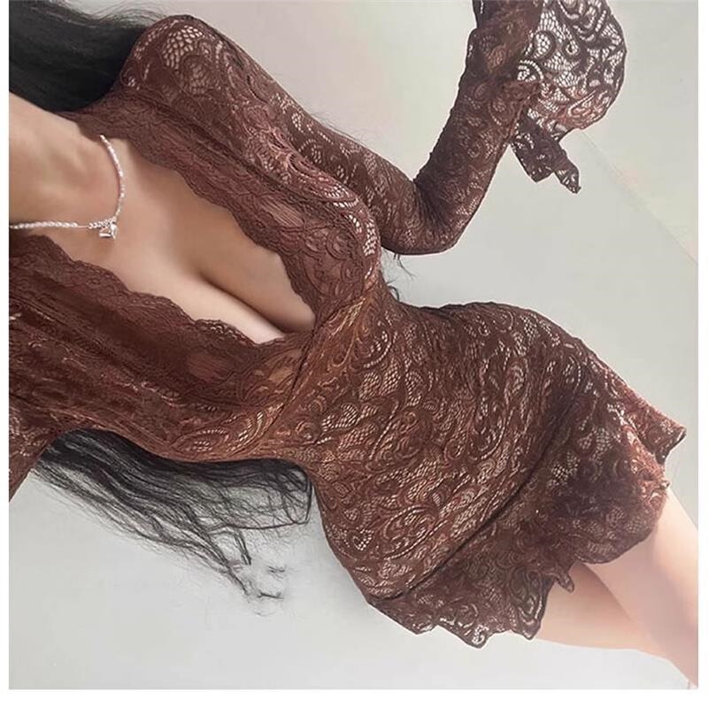 Pure Desire to Show Big Breasts, Sexy Waist, Tight-Fitting, Low-Cut V Neck Lace Dress, Fishtail Skirt, Hip-Covering Short Skirt for Women