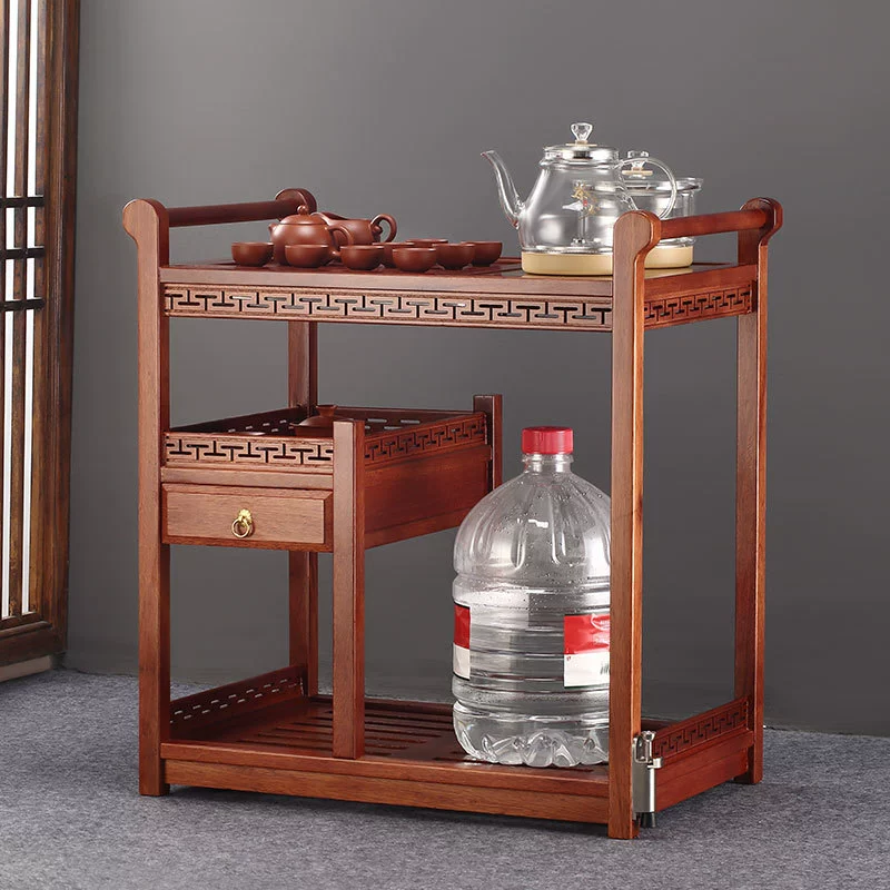Pear solid wood movable tea cabinet for home with kettle integrated small tea table minimalist Chinese-style tea desk storage stand