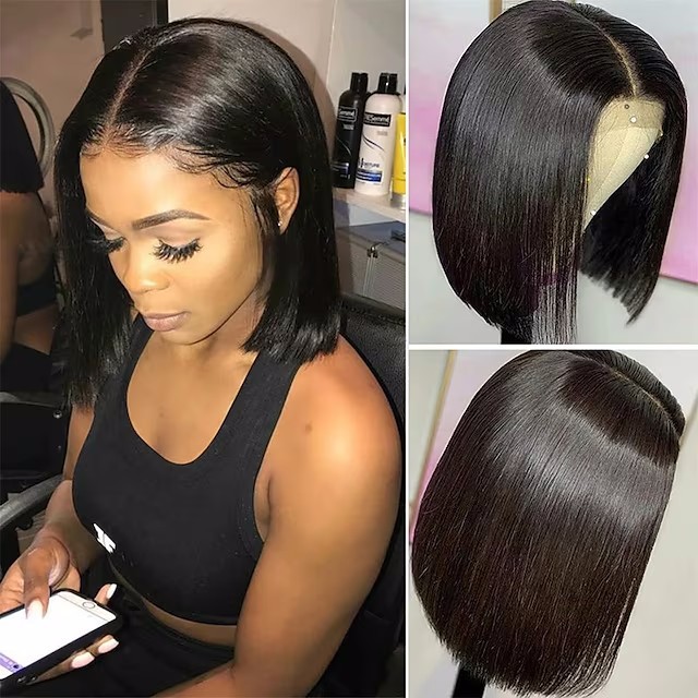 Synthetische Perücke, beliebte kurze, glatte Haare, geteilte schwarze Perücke, Studenten-Stirnband_voghion.com