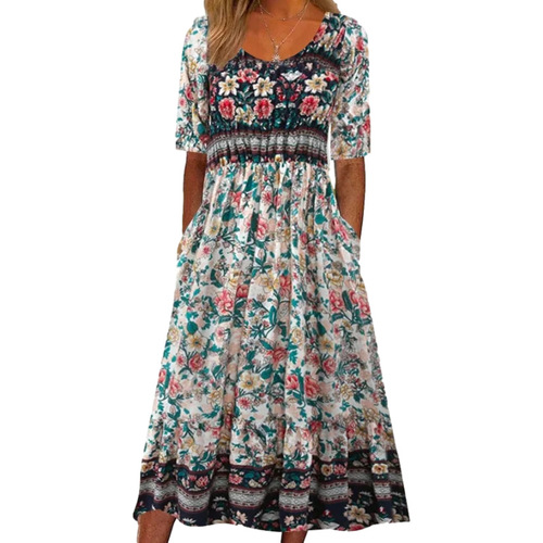 2024 New Women's Round Neck Short Sleeve Long Dress Bohemian Print Dress for Women on Amazon