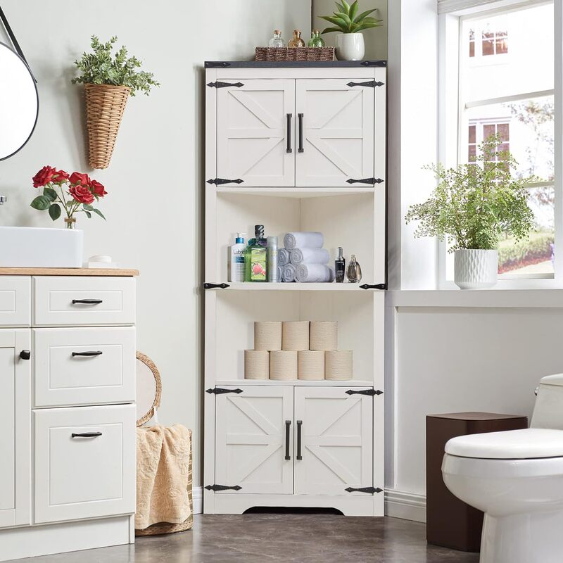 Corner Cabinet Tall Corner Bathroom with Barn Door Design Adjustable Shelf Storage Cabinet for Laundry Room Living Room Kitchen
