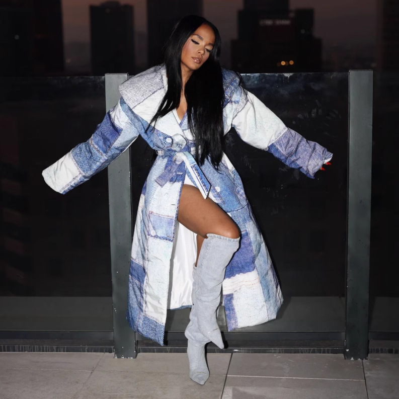 Fashion European and American Women's Denim Patch Printed Large Laps Double-breasted Lace-up Long Cotton-padded Jacket