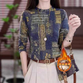 德绒打底衫女士长袖t恤内搭秋冬季新款妈妈宽松减龄上衣加绒加厚