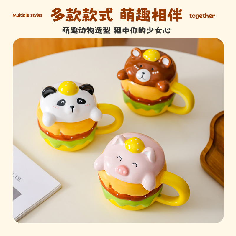 Creativa hamburguesa dibujos animados linda taza de cerámica taza de desayuno de gran capacidad taza de café taza de pareja taza de agua para el hogar