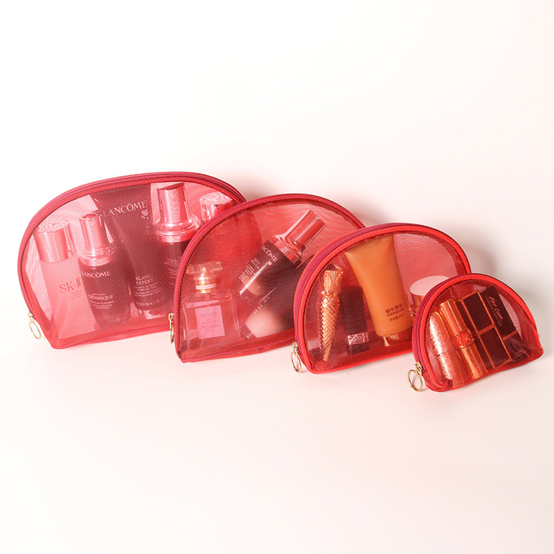 Semicírculo Rojo Negro en stock portátil simple transparente semicírculo Rojo sola red de gran capacidad de almacenamiento bolsa de cosméticos