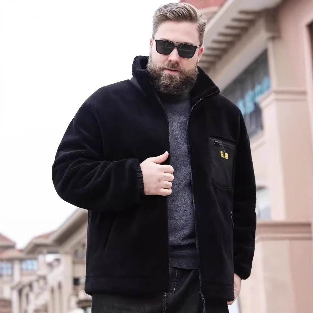 Men's Clothing Plush and thickened polar fleece jacket for men in autumn and winter plus size fat men loose stand collar cotton coat fleece jacket_voghion.com