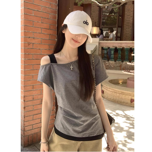 【40 Pieces Cool Cotton Ribbed 1x1 Blouse】Asymmetrical Off-the-Shoulder Two-Piece Top for Women 2025 Summer Crepe Shoulder-Strap