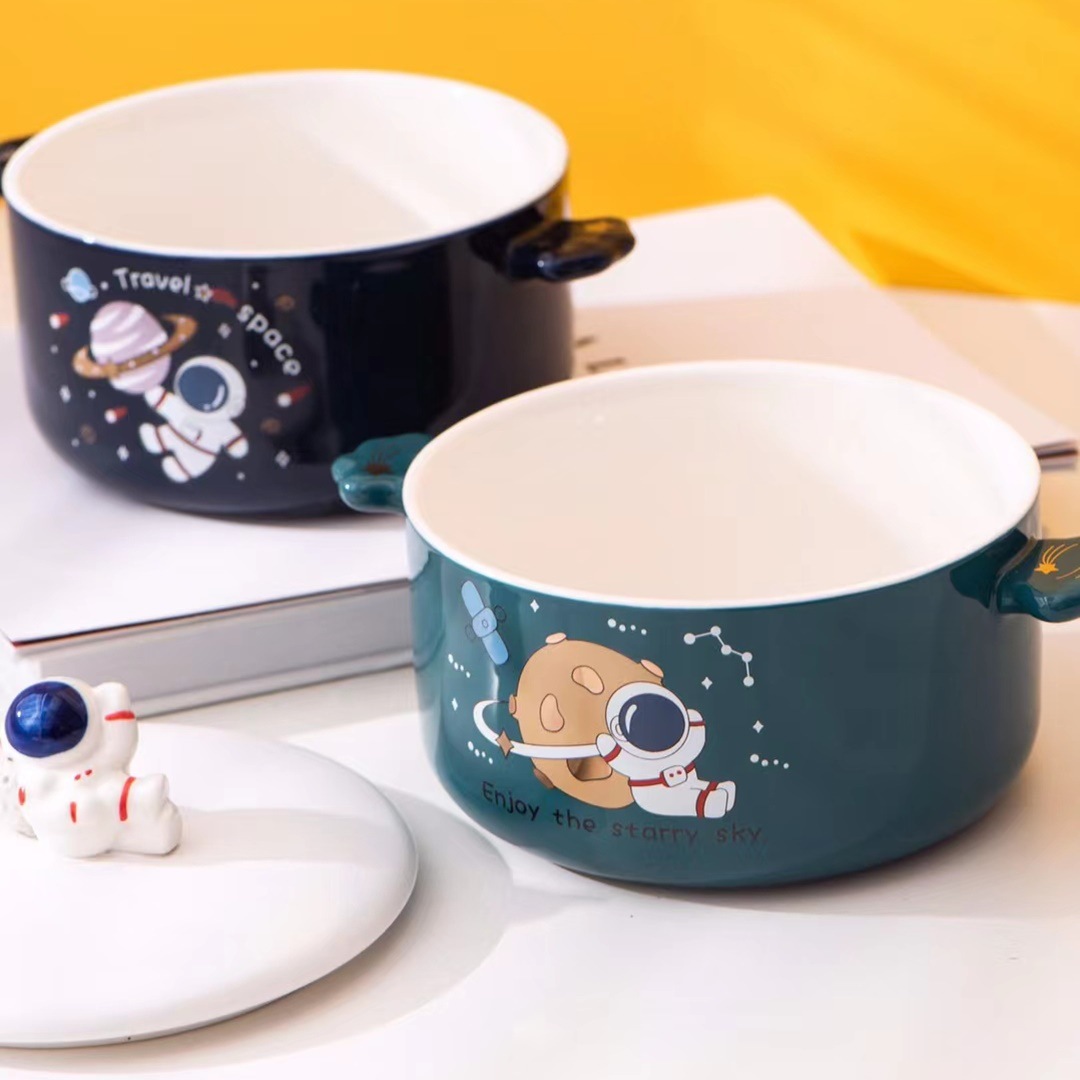 Creativo espacio astronauta regalo de tazón de fideos instantáneos 3D muñeca de cerámica 3D doble oído tazón de fuente caliente ensalada de dibujos animados personalizada tazón