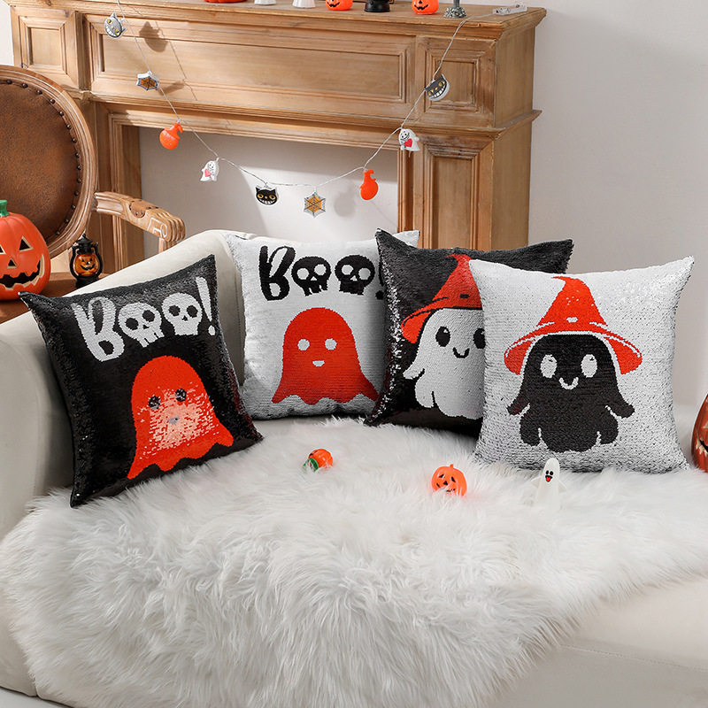 クロスボーダーハロウィン枕スパンコールゴーストリバーシブル枕クッションクッションカバー卸売ソファ枕カバー|undefined