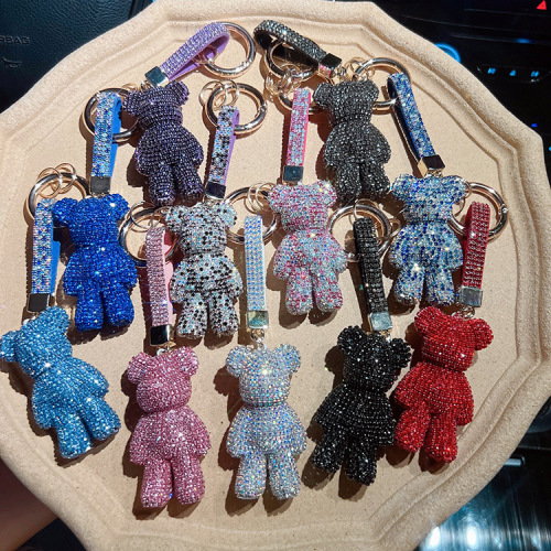 Fashion Diamond-Studded Medium Size Violent Bear Keychain Creative Diamond Rope Round Clasp Car Keychain for Girls Purse Hook Gift