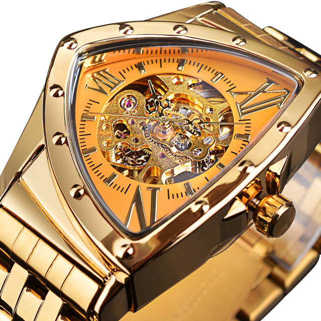 Forsining reloj mecánico automático estilo europeo y americano triángulo cabeza hombres moda casual hueco muñeca reloj transparente