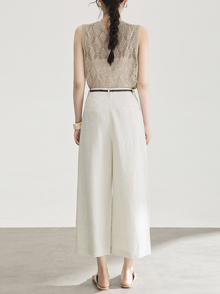 Quần culottes nữ ống rộng chất liệu linen phối sợi tencel, cạp cao dáng suông, mặc mùa hè thoáng mát — Xanh lông mòng đen