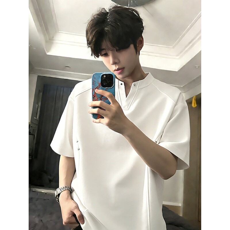 White Studded Deconstructed V-Neck Short-Sleeve Men's Heavy-Duty Casual Five-Quarter Sleeve Summer Trendy Cleanfit Loose T-Shirt