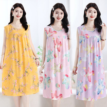 中老年妈妈装棉绸睡裙女夏季无袖背心连衣裙宽松大码家居服裙子