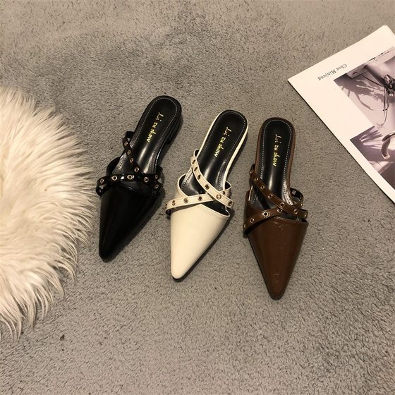 2024 spring and summer new low heel flat heel fashion closed toe slippers women's outer wear internet celebrity half slippers women's shoes pointed toe