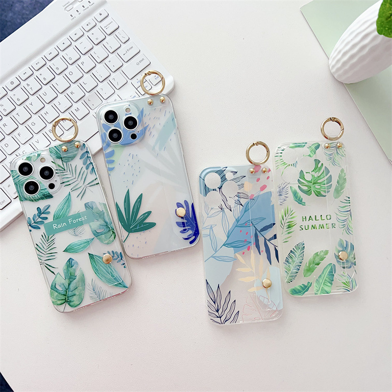 Transparent phone case for Samsung Galaxy A14 wrist strap summer fresh leaves A13/a12/A53 soft cover 7