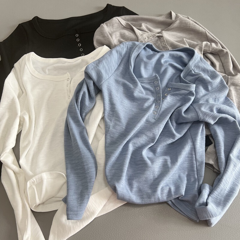 Good-looking and easy-to-wear Pit Backing Shirt Half-breasted Crewneck Long Sleeve T-shirt High Elastic tee Autumn New Women's Top