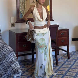 欧美风跨境2025新款女装性感露背挂脖上衣修身印花长裙两件套装