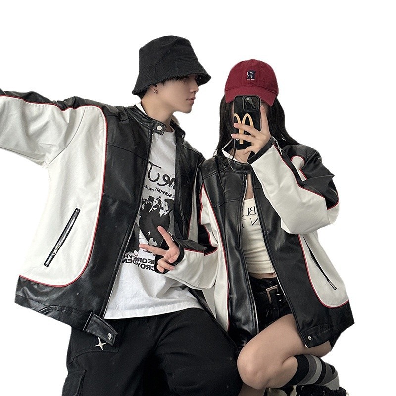 아메리칸 스타일 레트로 커플 의류 가을 겨울 자켓 남성 봄과 가을 컬러 매칭 수직 칼라 오토바이 패션 브랜드 작업복 야구 세트