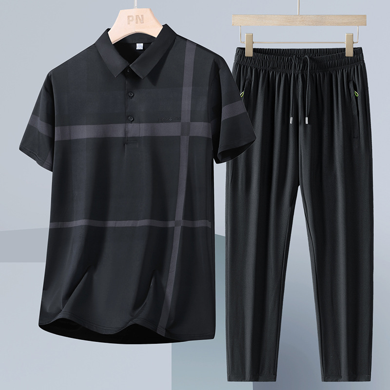 Verano de mediana edad y ancianos traje de polo hombres nuevos pantalones de manga corta de seda de hielo traje de papá suelto casual de dos piezas hombre