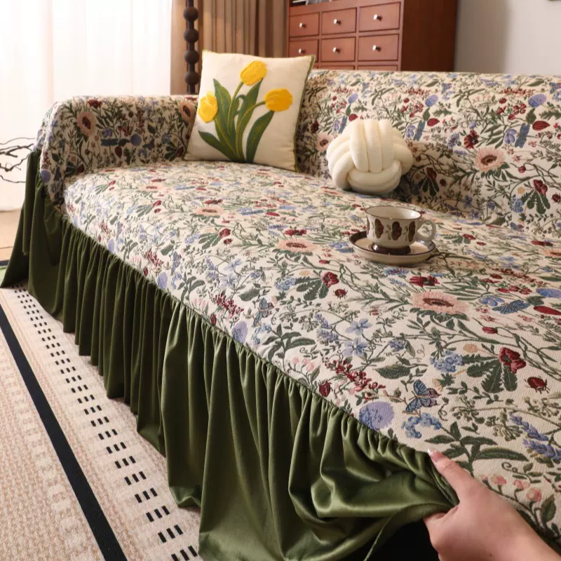 美式复古碎花沙发巾轻奢高级感沙发盖布仿棉麻全包万能沙发套罩垫