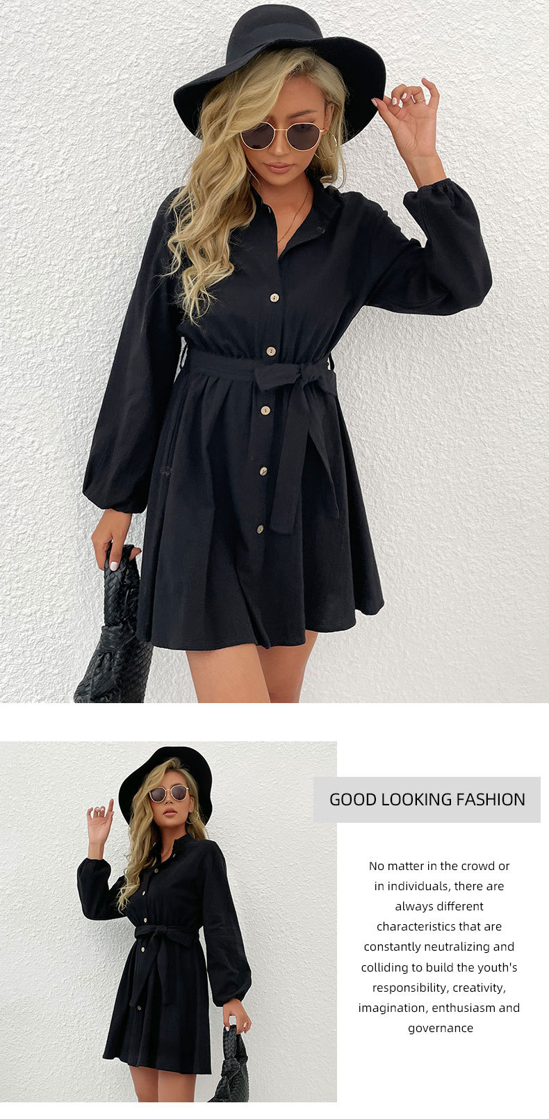 Black Long-Sleeved Single-Breasted Belted Shirt Dress NSYYF106530