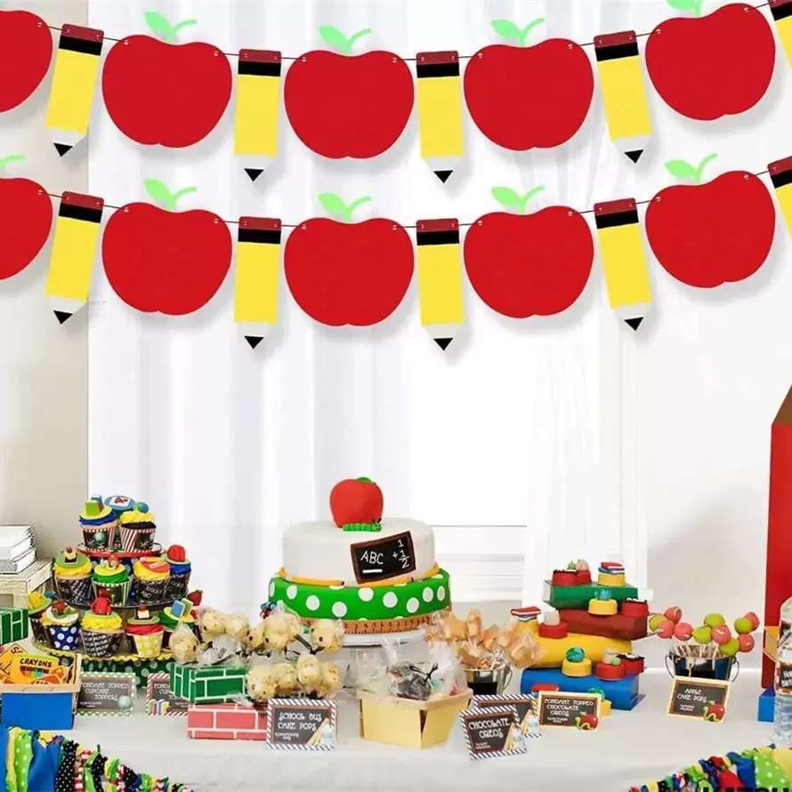 跨境返校季铅笔拉花l拉旗学校开学教室氛围布置苹果拉花毛毡挂饰