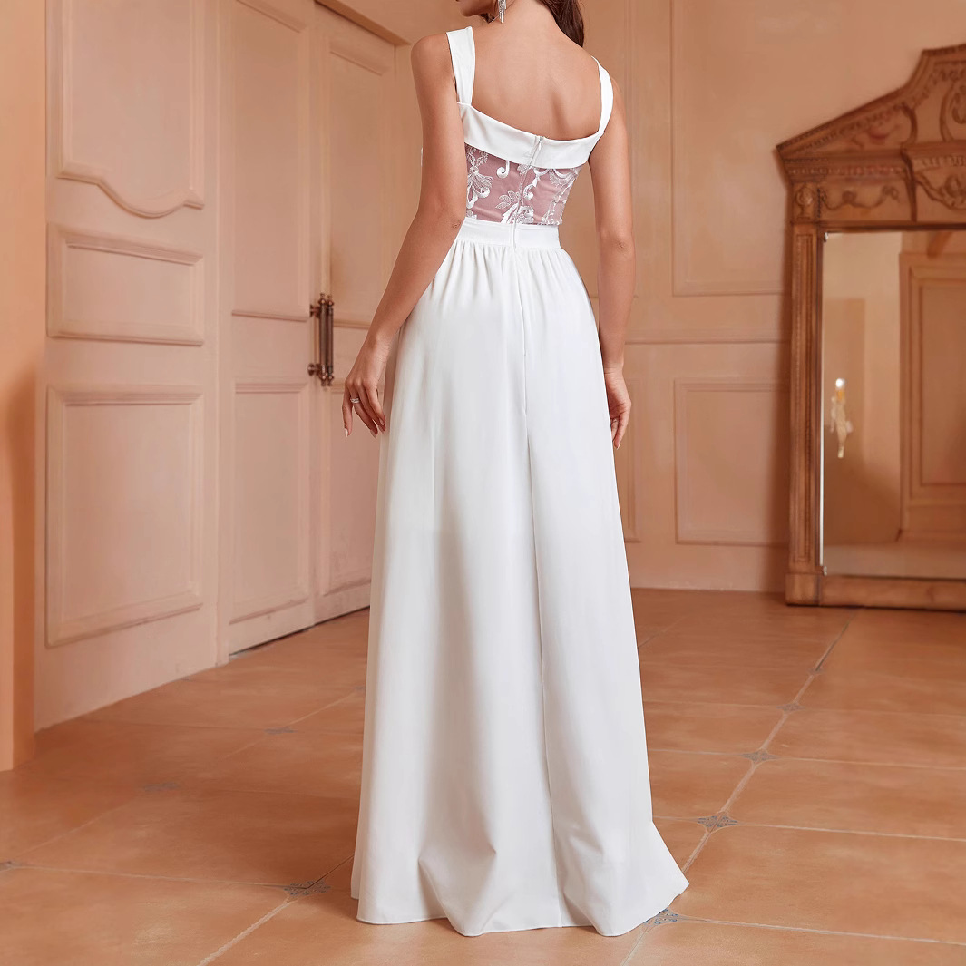 Ropa de mujer de comercio exterior de Europa y América Venta caliente color sólido sin espalda vestido largo transfronterizo encaje largo blanco sexy vestido dividido